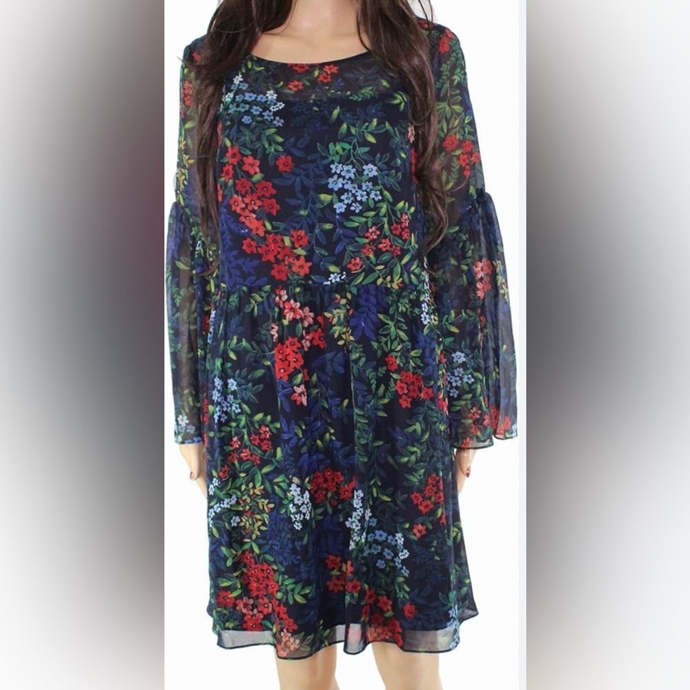 LAUREN RALPH LAUREN Womens Oceana Georgette Floral Casual Dress Navy 16 A498